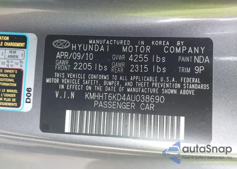 2010 Hyundai Genesis 2.0T из США, поврежденный, VIN KMHHT6KD4AU038690